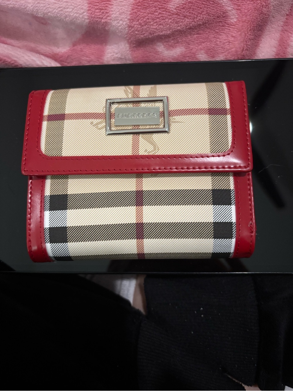 Burberry Beige Check Wallet with Red Trim